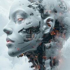 Fototapeta premium A futuristic female android head, partially disassembled, revealing intricate internal mechanisms and glowing orange components.