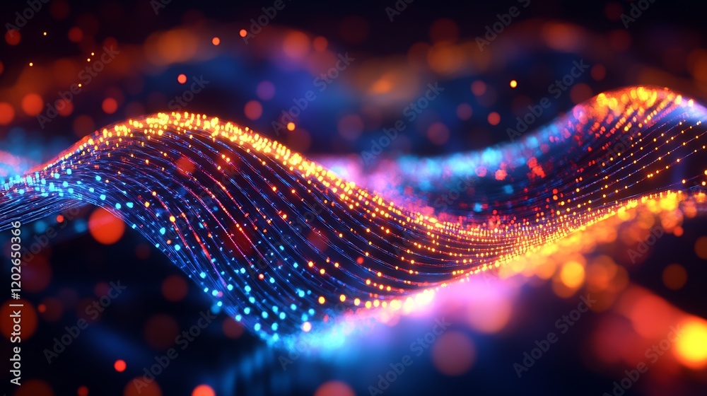 Poster Colorful Neon Light Waves with Vibrant Abstract Particle Motion Design : Generative AI