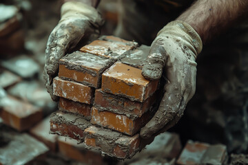 Muddied Hands Hold Stack Of Mortar Coated Bricks