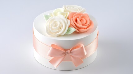 Beautifully decorated cake with fondant roses in soft hues on a white background