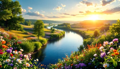 Fototapeta premium Serene River Landscape: Vibrant Blooms at Sunset