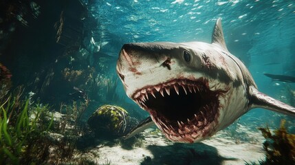 Fototapeta premium Ferocious Great White Shark Underwater, Jaws Agape