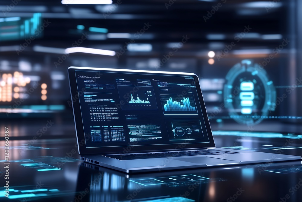 Aufkleber Advanced Analytics and Data Visualization on Laptop in High-Tech Office Environment : Generative AI