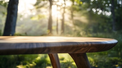Naklejka premium Wooden Tabletop In A Sunlit Forest Setting