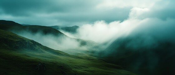Mist drifts over a lush, rolling landscape, creating an ethereal and mysterious atmosphere reminiscent of a dreamlike green haven.