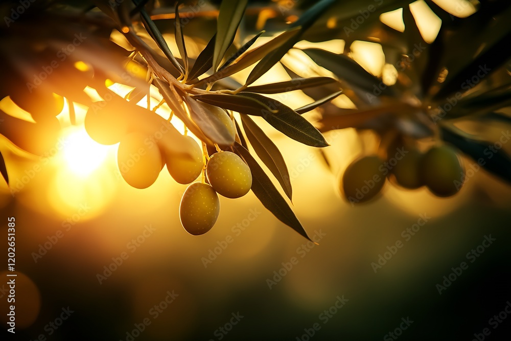 Poster close-up of olives hanging on branch with sun flare in background : generative ai