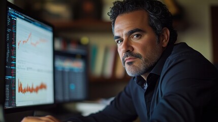 Latin CEO in Office Reviewing Financial Reports on Computer Screen