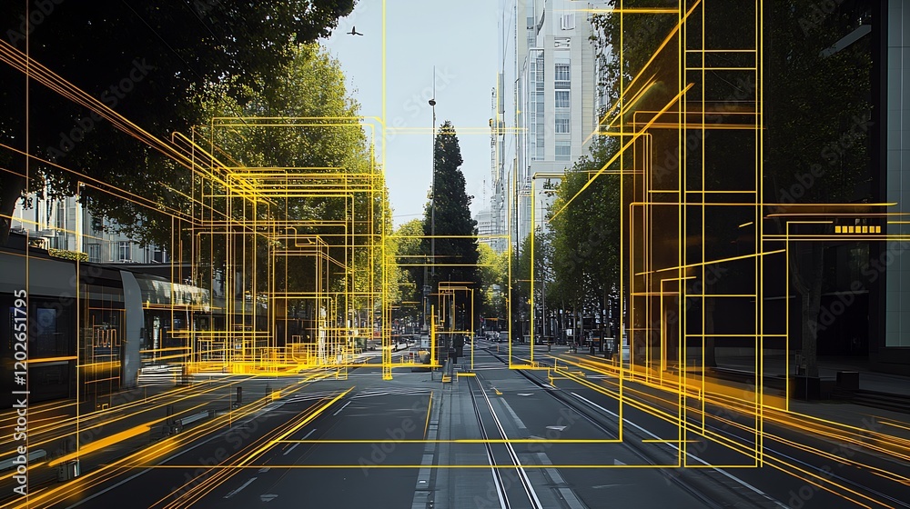 Poster futuristic city street with virtual grid overlay in urban environment : generative ai