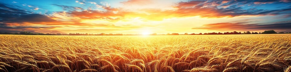 Golden Wheat Field Under Vibrant Sunset Sky Capturing Agricultural Serenity : Generative AI