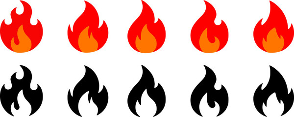 Fire icon collection. Fire flame symbol. Bonfire silhouette logotype. Flames symbols set flat style - stock.