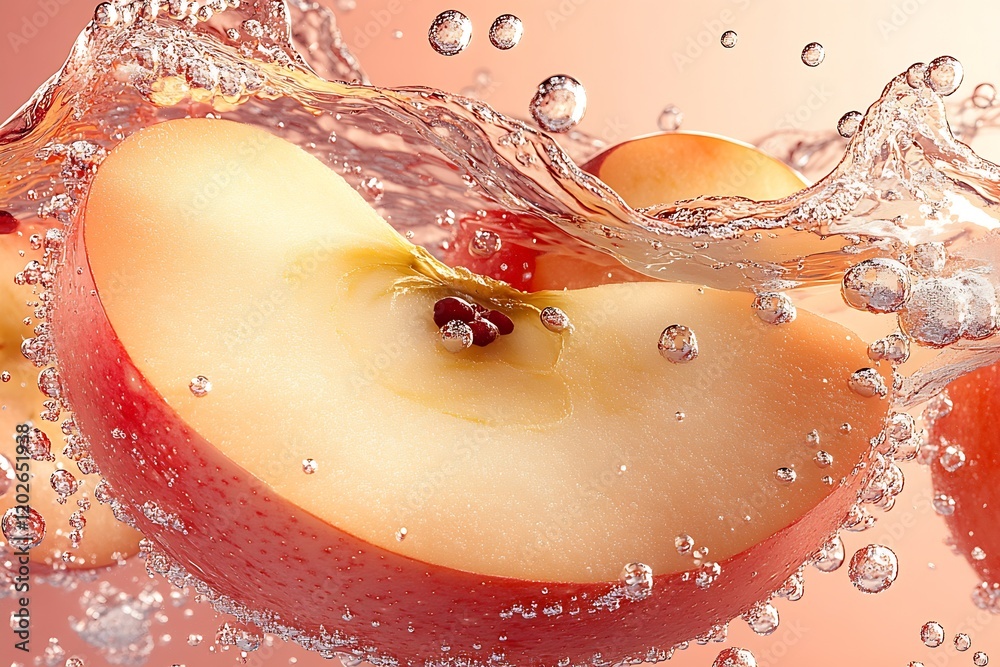 Aufkleber fresh apple slice in water splash with droplets close-up : generative ai