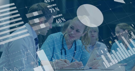 Image of data processing and diagrams over caucasian doctors talking in hospital
