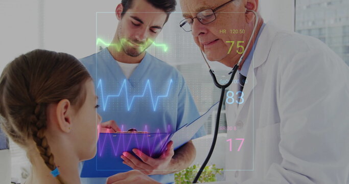 Image of cardiograph over caucasian male doctor examining his patient