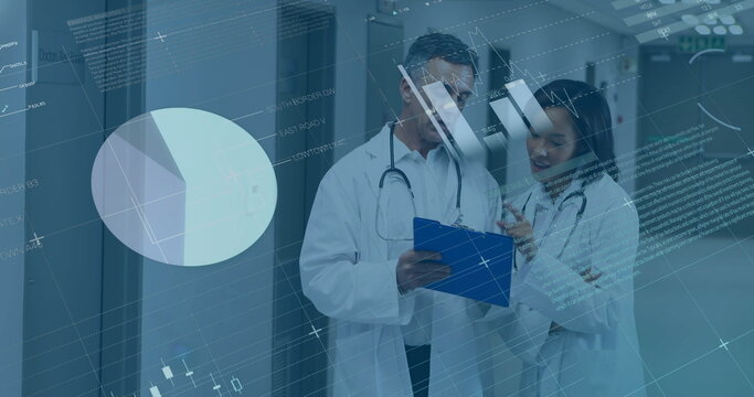 Image of data processing and diagrams over diverse doctors talking in hospital