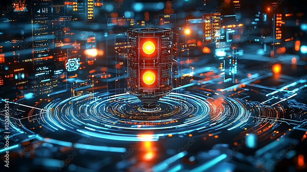 Aufkleber Futuristic Cybernetic Hub with Glowing Elements in Digital Network Environment : Generative AI