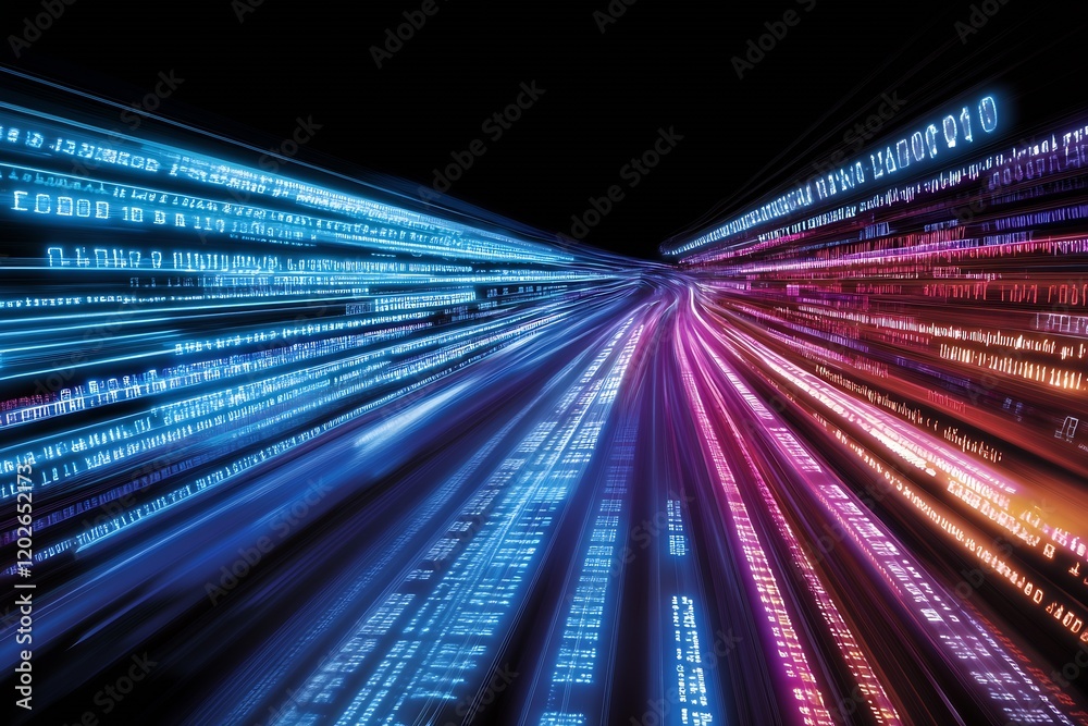 Poster Dynamic Binary Data Stream with Neon Highlights on Digital Fast Lane : Generative AI
