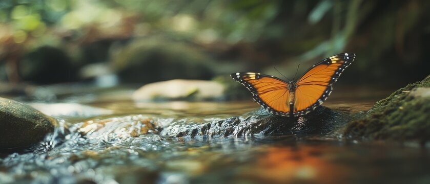 An orange butterfly rests delicately on a stream rock, wings spread, against a blurred forest backdrop.