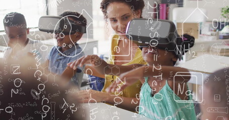 Image of chemical equations over biracial female teacher using vr headsets with schoolchildren