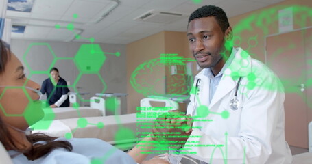 Image of scientific data processing over african american male doctor with patient