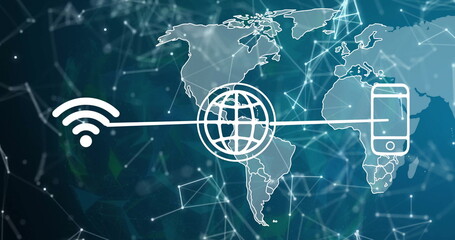 Image of data processing and network of connections over world map