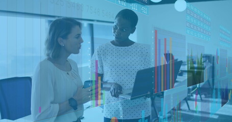 Image of financial data processing over diverse business people in office