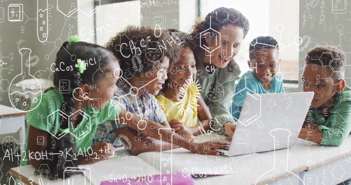 Image of chemical equations over biracial female teacher learning with diverse schoolchildren