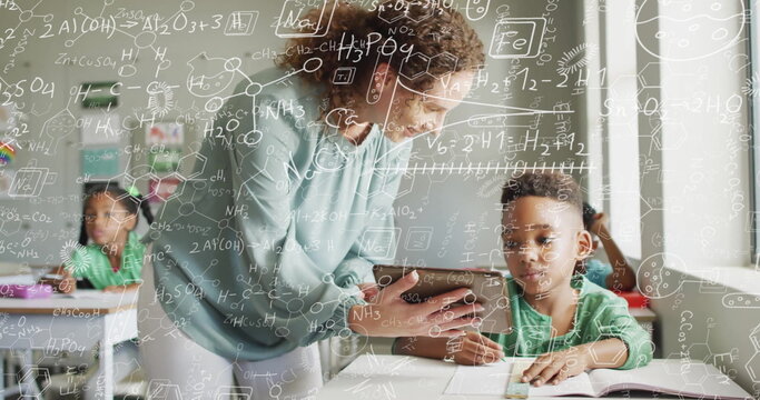 Image of chemical equations over biracial female teacher learning with diverse schoolchildren
