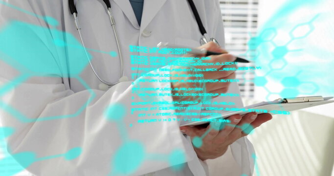 Image of scientific data processing over caucasian female doctor writing