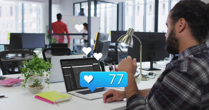 Image of data processing over biracial businessman using laptop