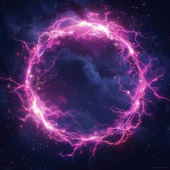 A vibrant circular energy burst, pink lightning forming a ring against a dark, stormy sky.