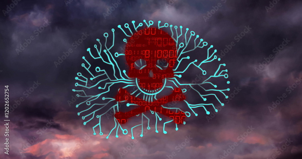 Poster red skull with binary code and circuit lines over stormy sky