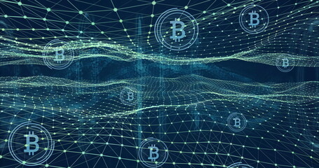 Bitcoin symbols and blockchain network image over digital landscape