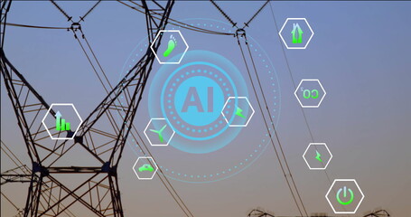 AI technology and energy icons over electrical power lines at sunset