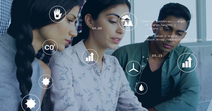 Image of eco icons and data processing over diverse business people in office