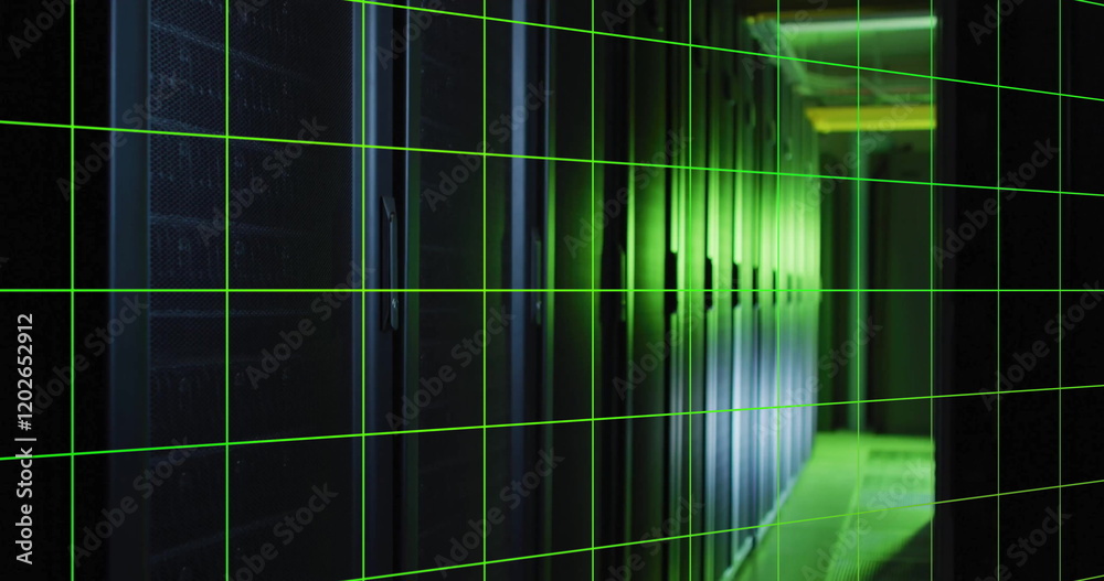 Poster Computer code and data processing image over green and black grid background