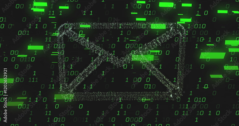 Poster email icon with binary code image over green digital background