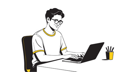 notion style, young man working at the computer in the office. Vector illustration. notion style illustration