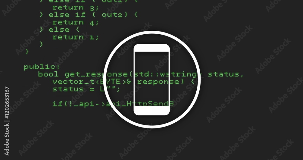 Poster smartphone icon over green programming code on black background