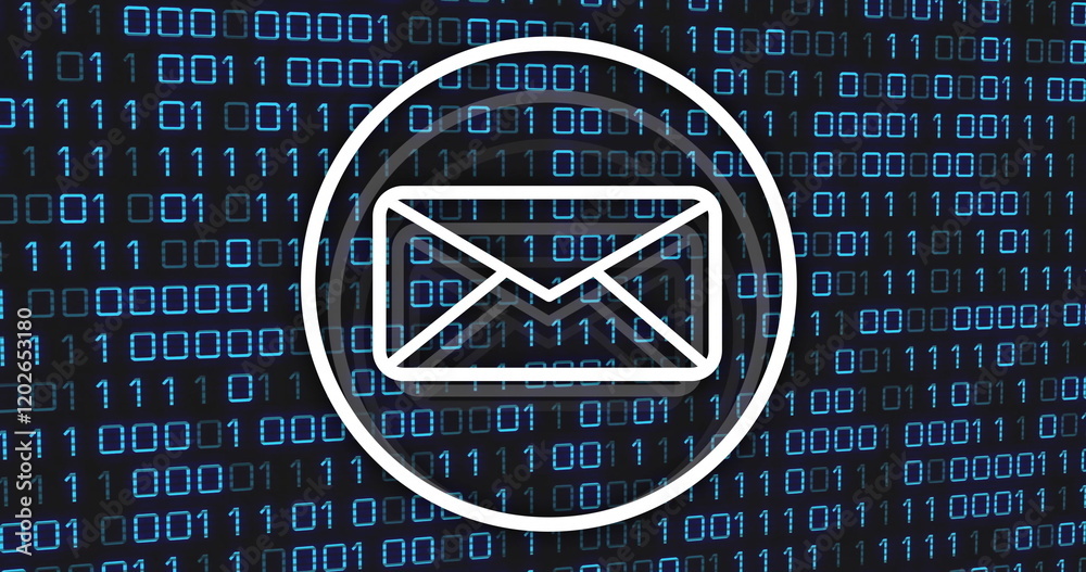 Poster email icon image over binary code background