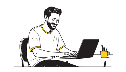 Smiling man working on a laptop in the office. Vector illustration