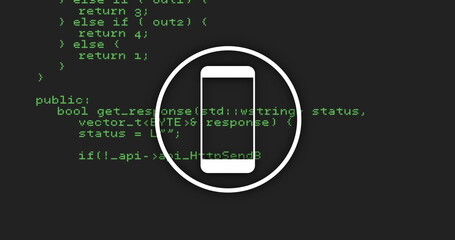 Smartphone icon over green programming code on black background
