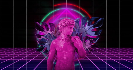 Neon grid and geometric shapes over image of classical statue with tropical leaves