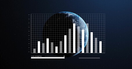 Financial data and stock market image over rotating Earth with charts and graphs