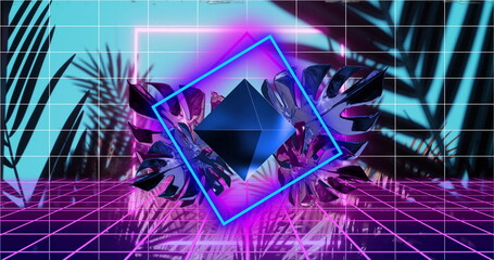 Image of neon frame and 3d diamond moving over tropical leaves background
