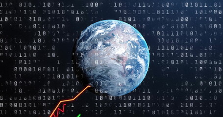 Financial charts and binary coding image over Earth, representing global data analysis
