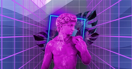 Green statue with grid lines and geometric shapes, futuristic image background