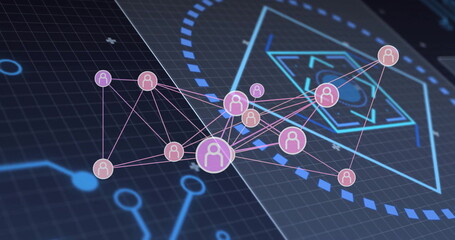 Image of network of connections over scope scanning on black background