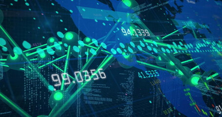 Image of data processing over network of connections on black background