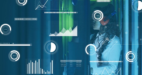 Image of financial data processing over african american colleagues working in server room