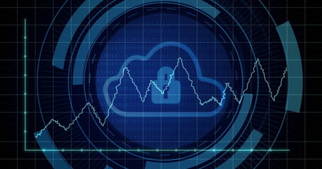 Image of digital data processing over padlock and cloud icon on black background
